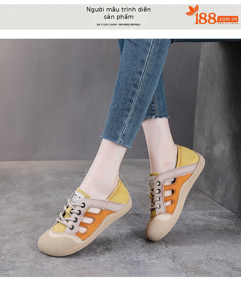 Giày sneaker nữ da bò retro đế bằng phong cách thể thao — màu hồng chi tiết 9