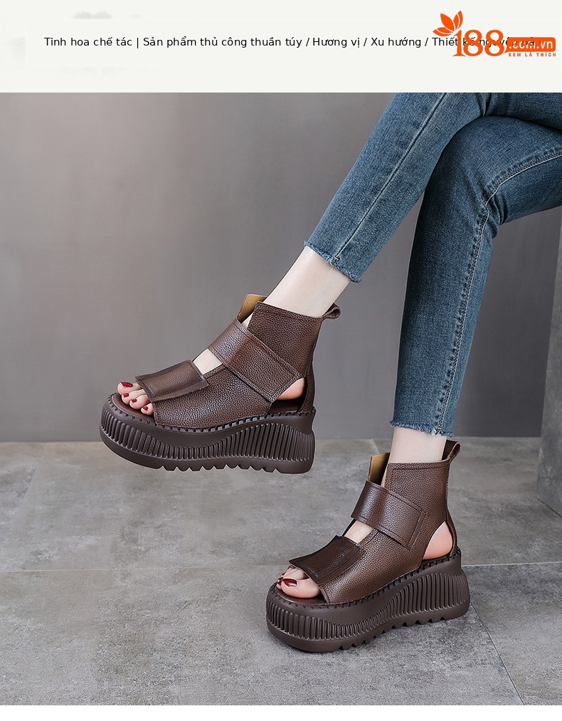 Dép sandal nữ quai chữ V da bò thật đế dày — Màu nâu chi tiết 1