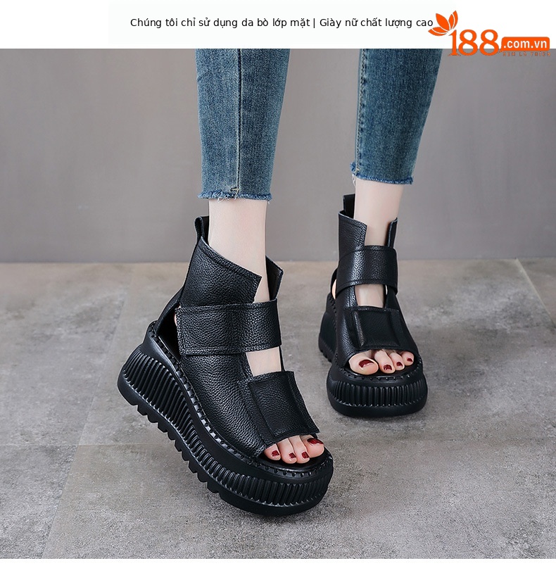 Dép sandal nữ quai chữ V da bò thật đế dày — Màu nâu chi tiết 2