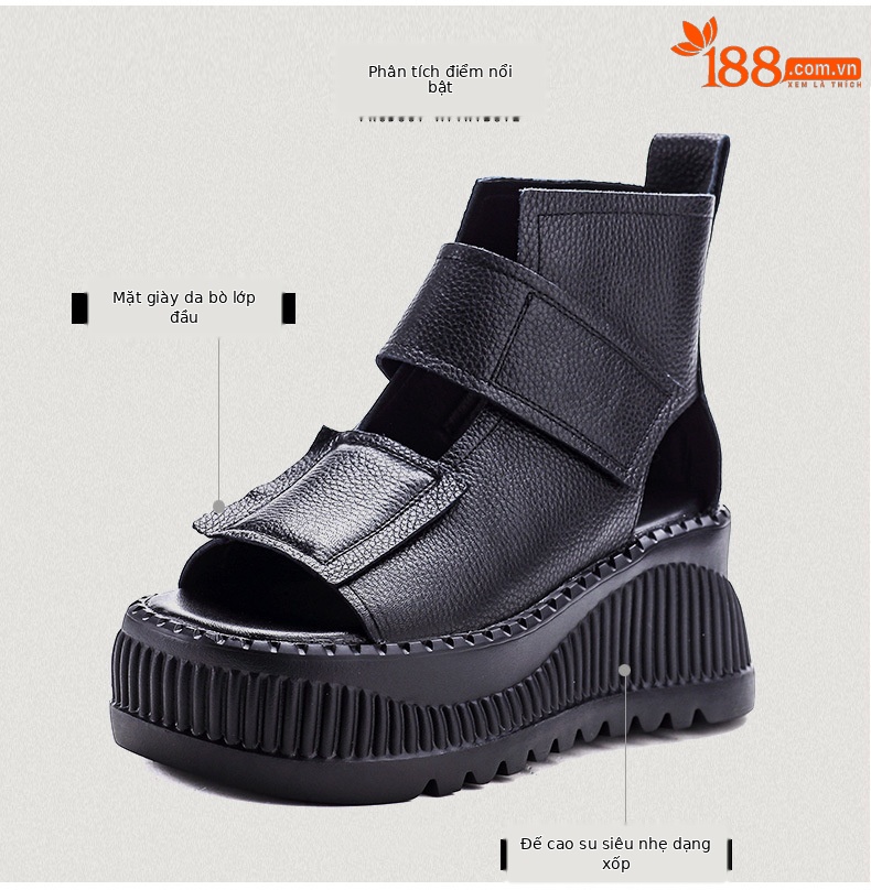 Dép sandal nữ quai chữ V da bò thật đế dày — Màu nâu chi tiết 3