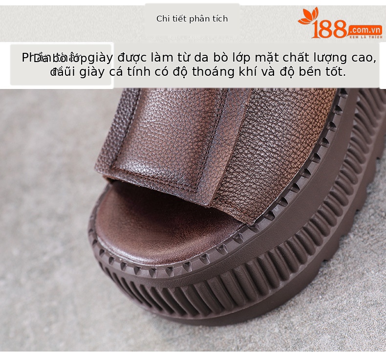 Dép sandal nữ quai chữ V da bò thật đế dày — Màu nâu chi tiết 4