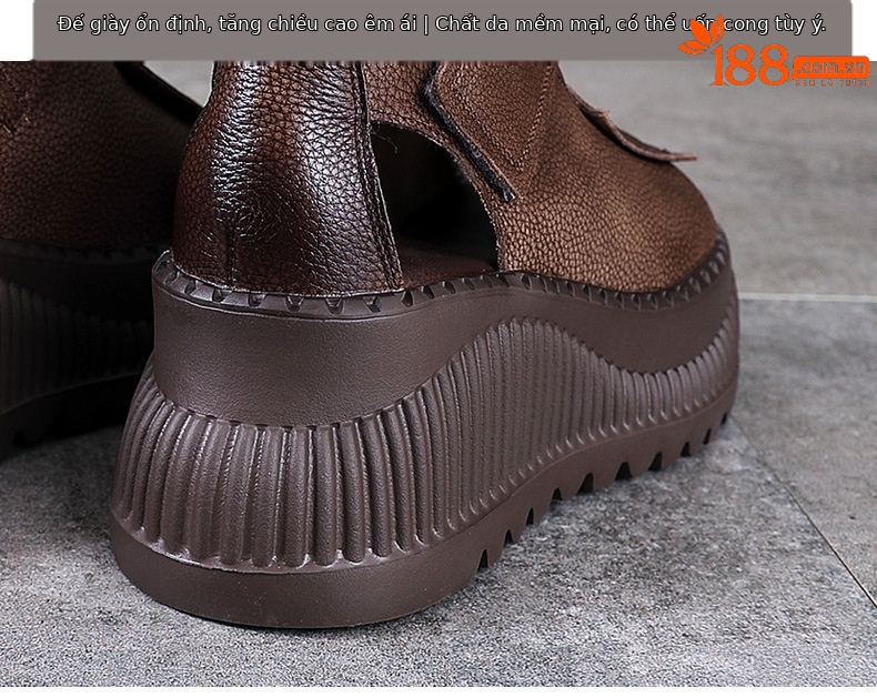 Dép sandal nữ quai chữ V da bò thật đế dày — Màu nâu chi tiết 8