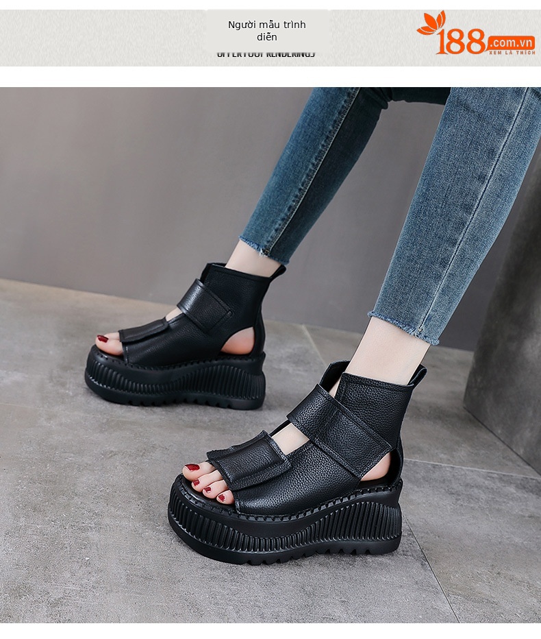 Dép sandal nữ quai chữ V da bò thật đế dày — Màu nâu chi tiết 9