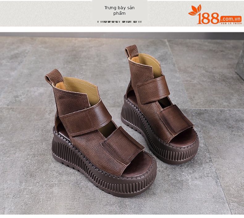 Dép sandal nữ quai chữ V da bò thật đế dày — Màu nâu chi tiết 10