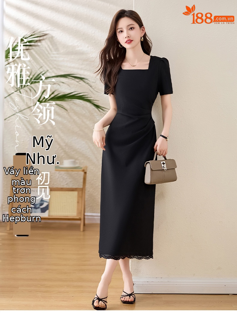 Đầm maxi cổ vuông tay phồng xẻ tà ôm dáng mùa hè 2025 — Màu đen, Màu đỏ chi tiết 1