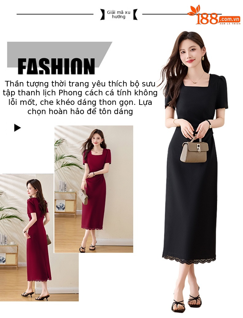 Đầm maxi cổ vuông tay phồng xẻ tà ôm dáng mùa hè 2025 — Màu đen, Màu đỏ chi tiết 2