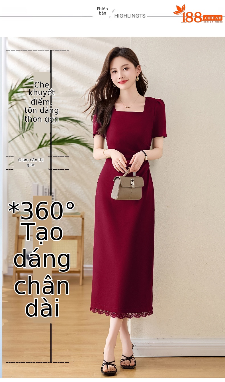 Đầm maxi cổ vuông tay phồng xẻ tà ôm dáng mùa hè 2025 — Màu đen, Màu đỏ chi tiết 7