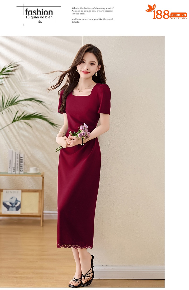 Đầm maxi cổ vuông tay phồng xẻ tà ôm dáng mùa hè 2025 — Màu đen, Màu đỏ chi tiết 18