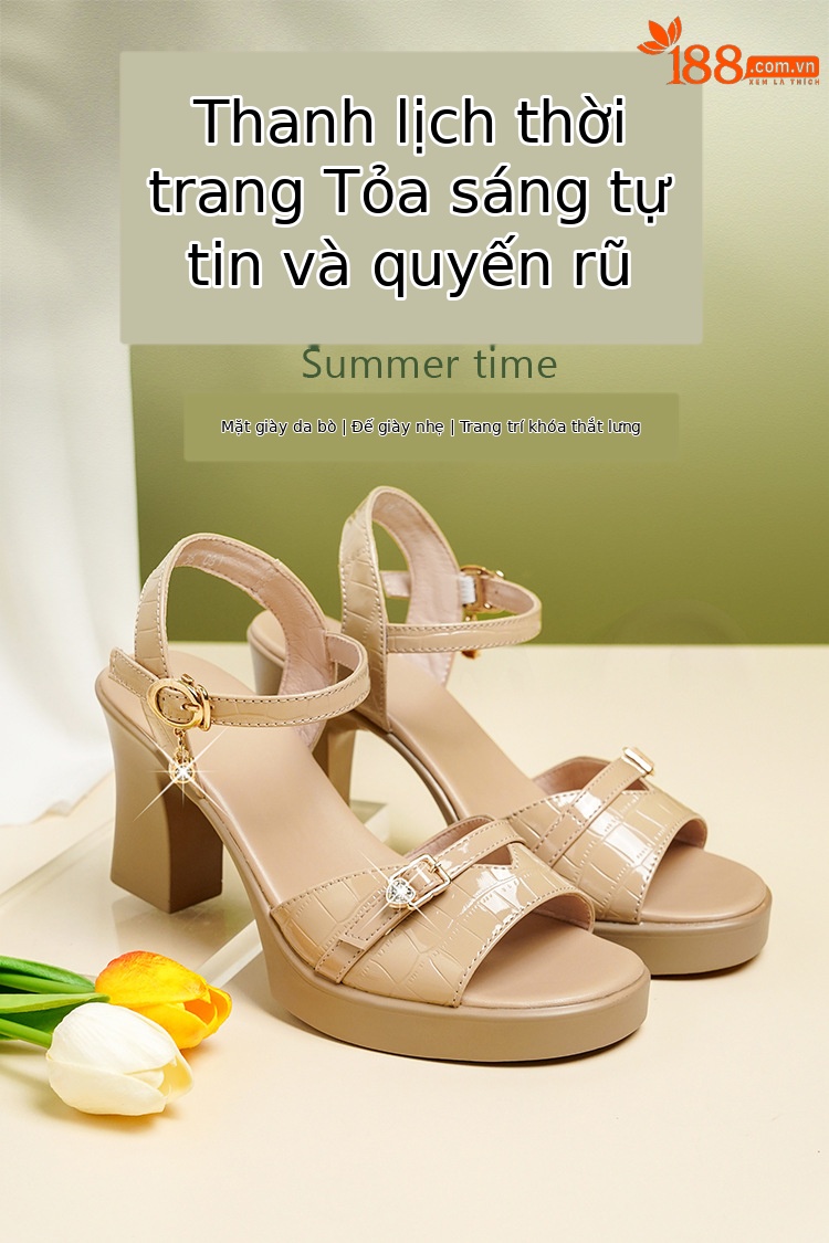 Sandal nữ da thật gót vuông 6 cm đế chống thấm, form thoải mái size lớn — Mơ (gót vừa 6.0CM) chi tiết 2