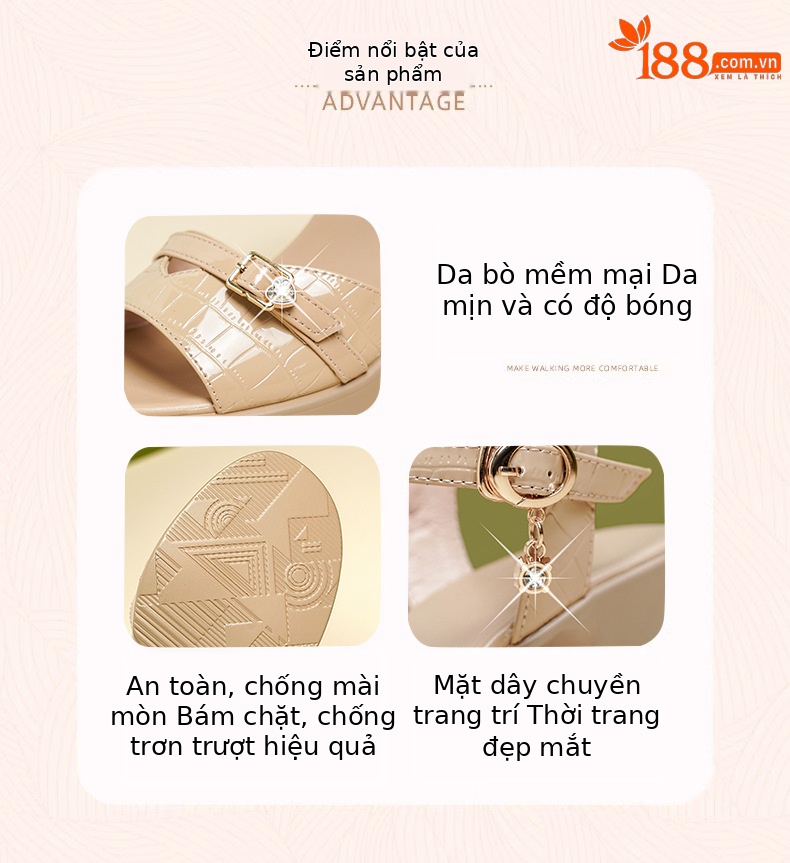 Sandal nữ da thật gót vuông 6 cm đế chống thấm, form thoải mái size lớn — Mơ (gót vừa 6.0CM) chi tiết 4