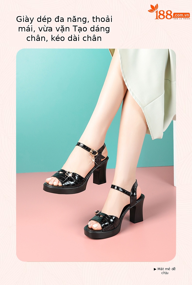 Sandal nữ da thật gót vuông 6 cm đế chống thấm, form thoải mái size lớn — Mơ (gót vừa 6.0CM) chi tiết 7