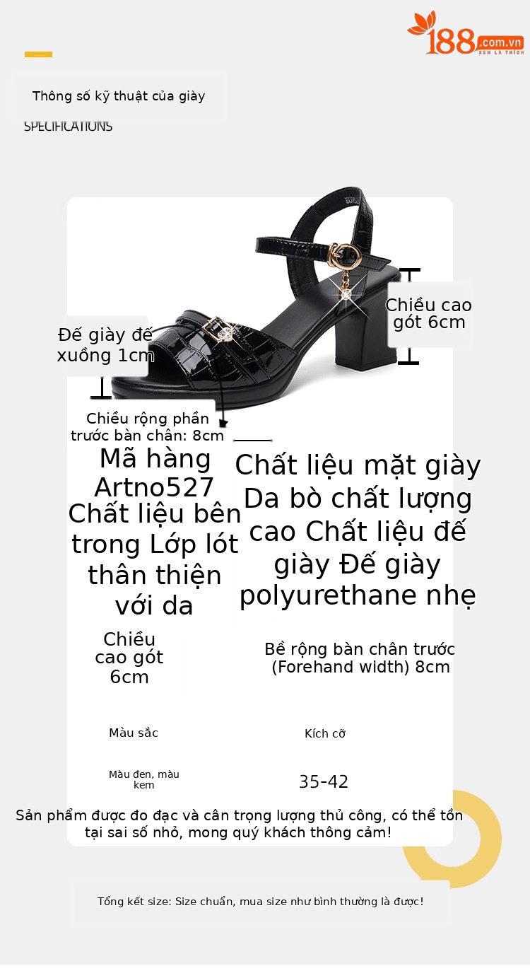 Sandal nữ da thật gót vuông 6 cm đế chống thấm, form thoải mái size lớn — Mơ (gót vừa 6.0CM) chi tiết 10