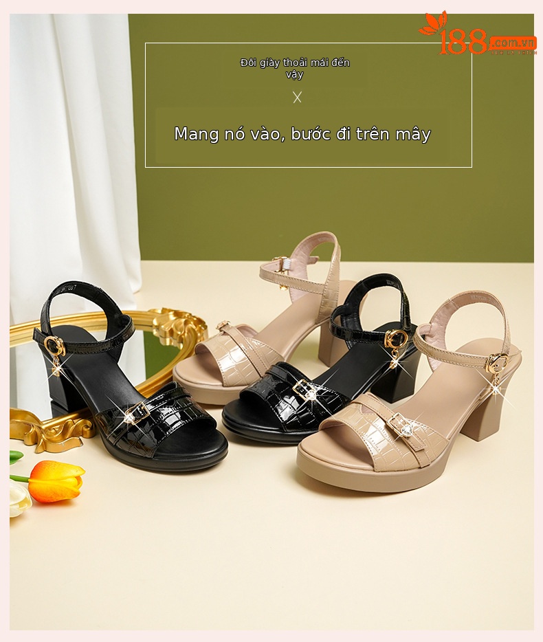 Sandal nữ da thật gót vuông 6 cm đế chống thấm, form thoải mái size lớn — Mơ (gót vừa 6.0CM) chi tiết 13