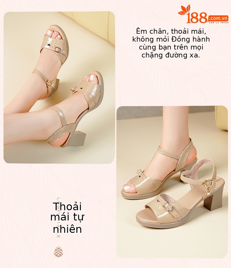 Sandal nữ da thật gót vuông 6 cm đế chống thấm, form thoải mái size lớn — Mơ (gót vừa 6.0CM) chi tiết 34