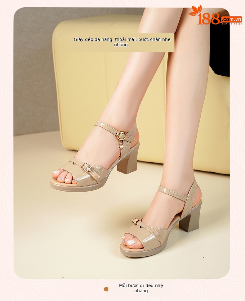Sandal nữ da thật gót vuông 6 cm đế chống thấm, form thoải mái size lớn — Mơ (gót vừa 6.0CM) chi tiết 35