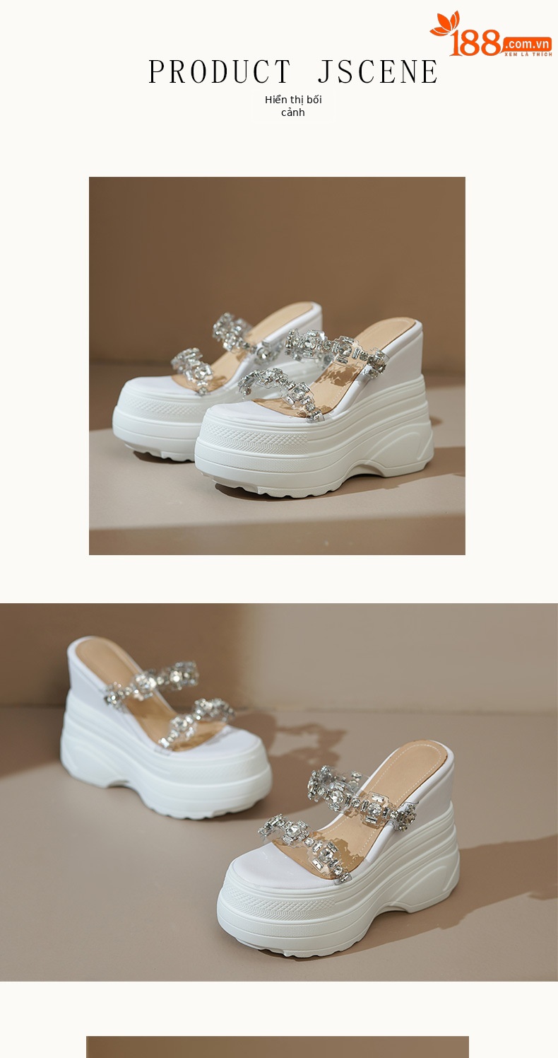 Dép sandal cao gót nữ đế xuồng đính đá 14cm — Màu trắng, Màu mơ chi tiết 5