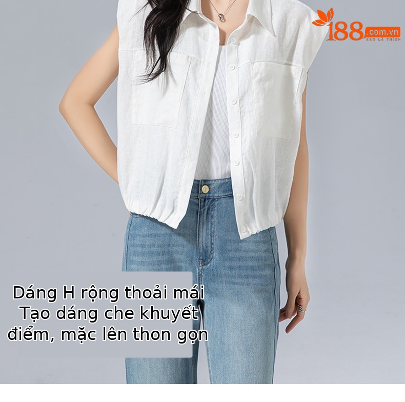 Áo hai dây nữ cạp trễ vải lanh rộng rãi co giãn, kiểu dáng ngắn mùa hè — Màu trắng chi tiết 9