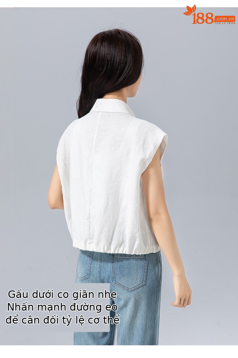 Áo hai dây nữ cạp trễ vải lanh rộng rãi co giãn, kiểu dáng ngắn mùa hè — Màu trắng chi tiết 11