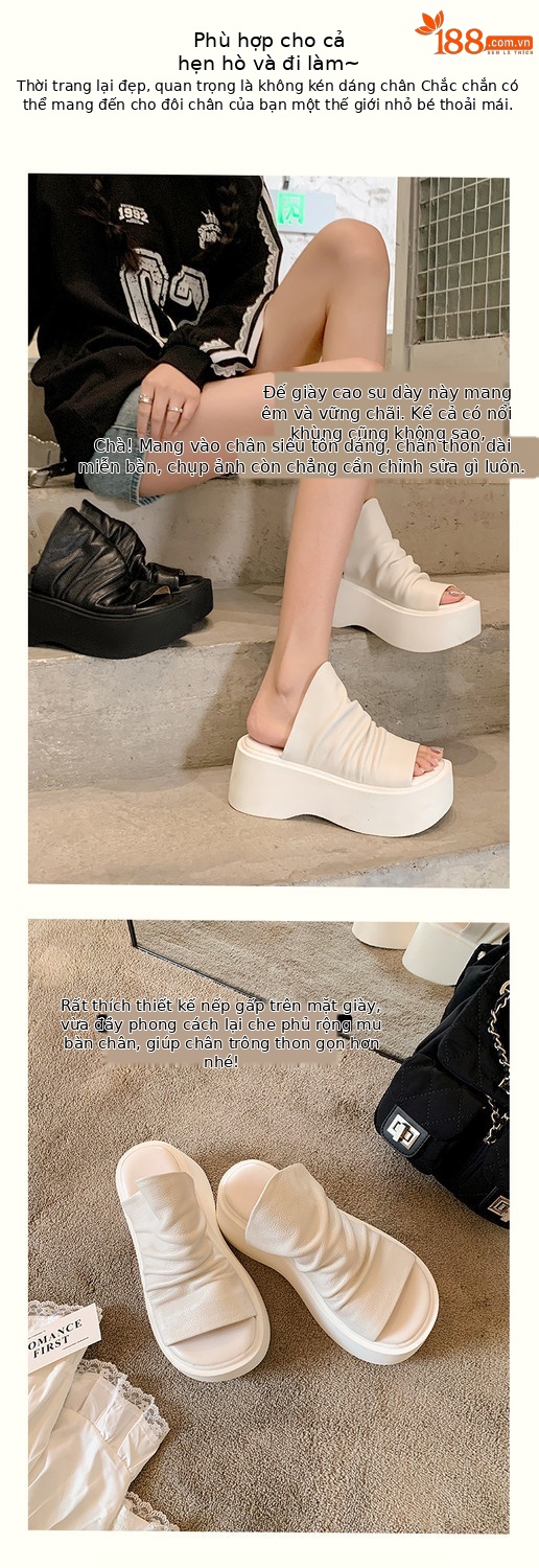 Dép sandal nữ hở mũi đế dày xếp li phong cách La Mã — đen, trắng chi tiết 4