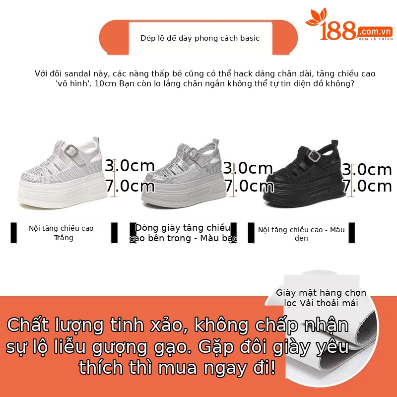Sandal quai ngang đính đá đế dày HC5520 cho nữ mùa hè 2025 — Màu đen, Màu trắng, Màu bạc