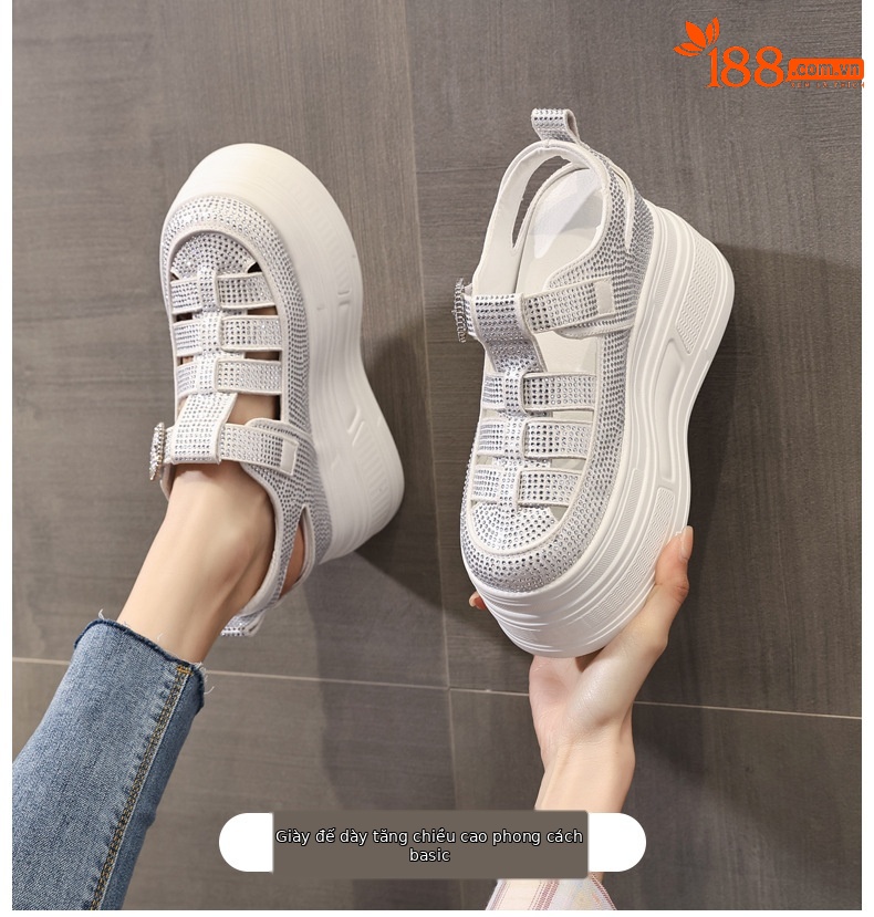 Sandal quai ngang đính đá đế dày HC5520 cho nữ mùa hè 2025 — Màu đen, Màu trắng, Màu bạc chi tiết 1