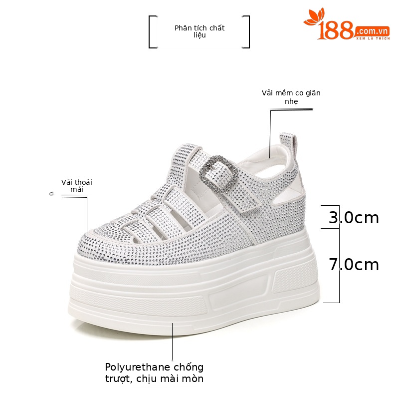 Sandal quai ngang đính đá đế dày HC5520 cho nữ mùa hè 2025 — Màu đen, Màu trắng, Màu bạc chi tiết 2