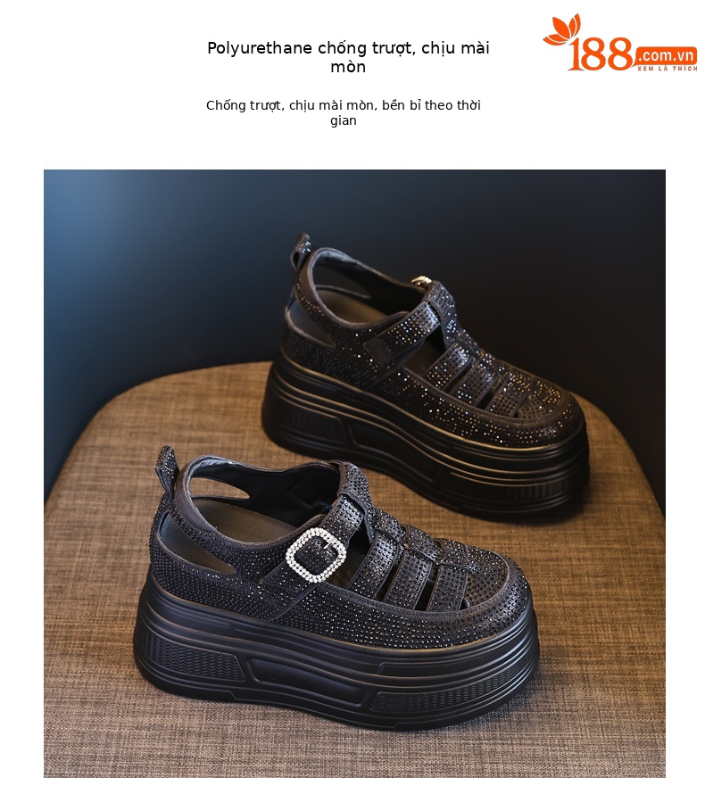 Sandal quai ngang đính đá đế dày HC5520 cho nữ mùa hè 2025 — Màu đen, Màu trắng, Màu bạc chi tiết 9