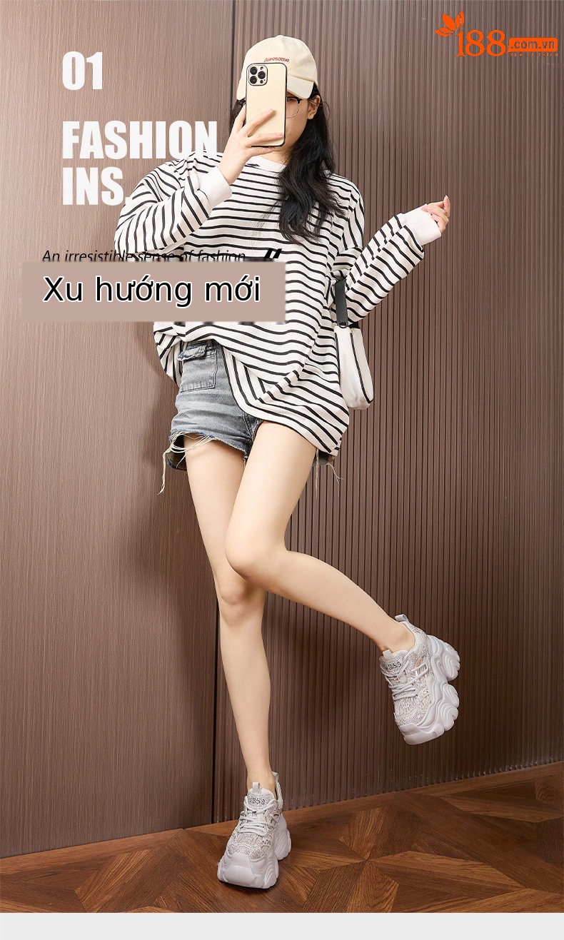 Giày sneaker nữ chunky đế dày lưới thoáng khí, tăng chiều cao, phong cách thể thao — Bạc, Trắng chi tiết 2