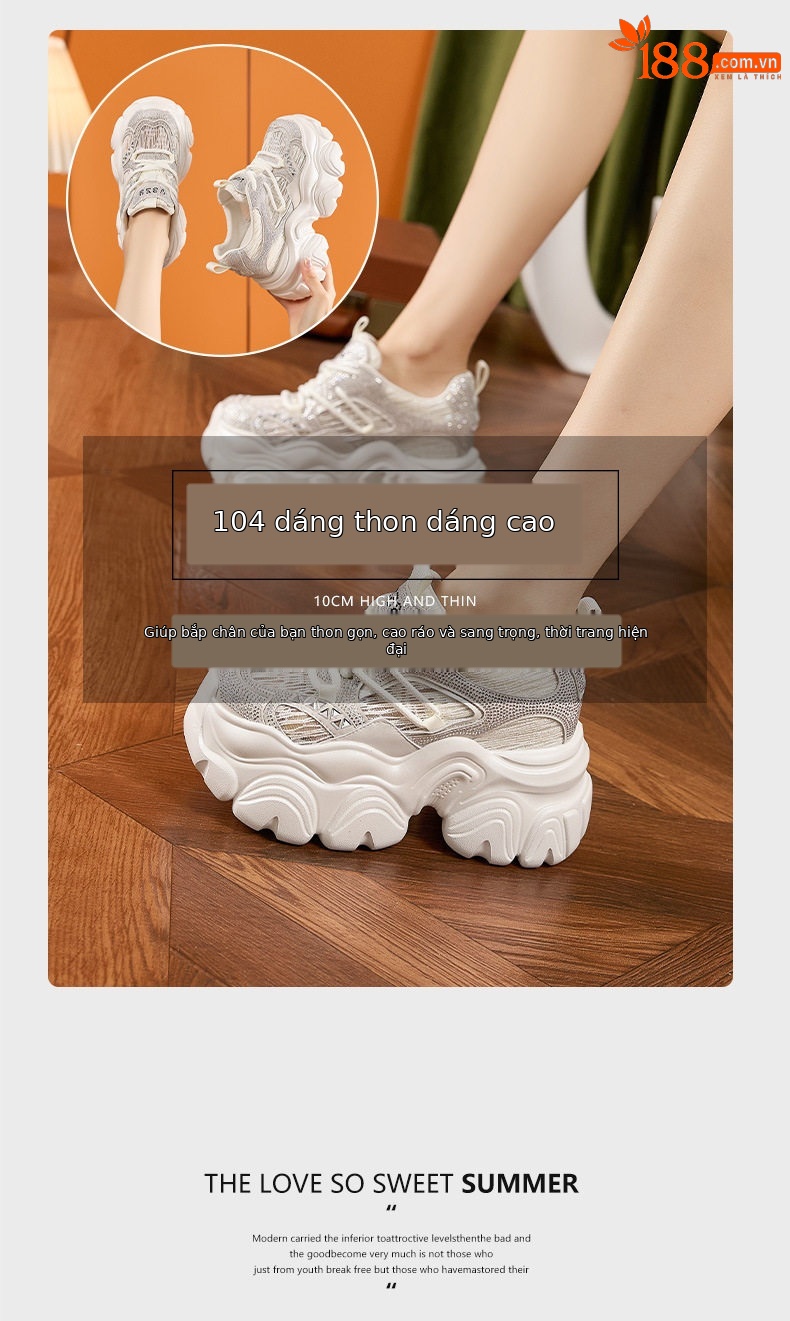 Giày sneaker nữ chunky đế dày lưới thoáng khí, tăng chiều cao, phong cách thể thao — Bạc, Trắng chi tiết 9