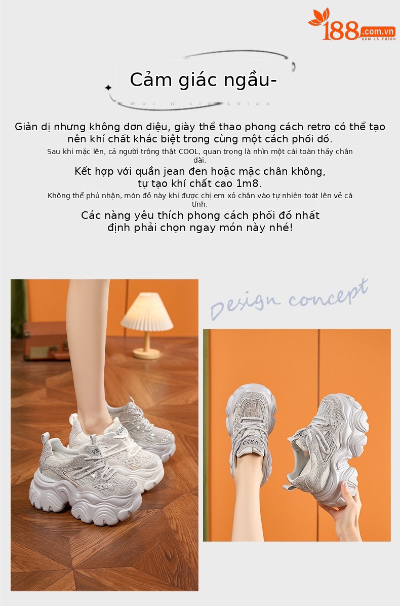 Giày sneaker nữ chunky đế dày lưới thoáng khí, tăng chiều cao, phong cách thể thao — Bạc, Trắng chi tiết 4
