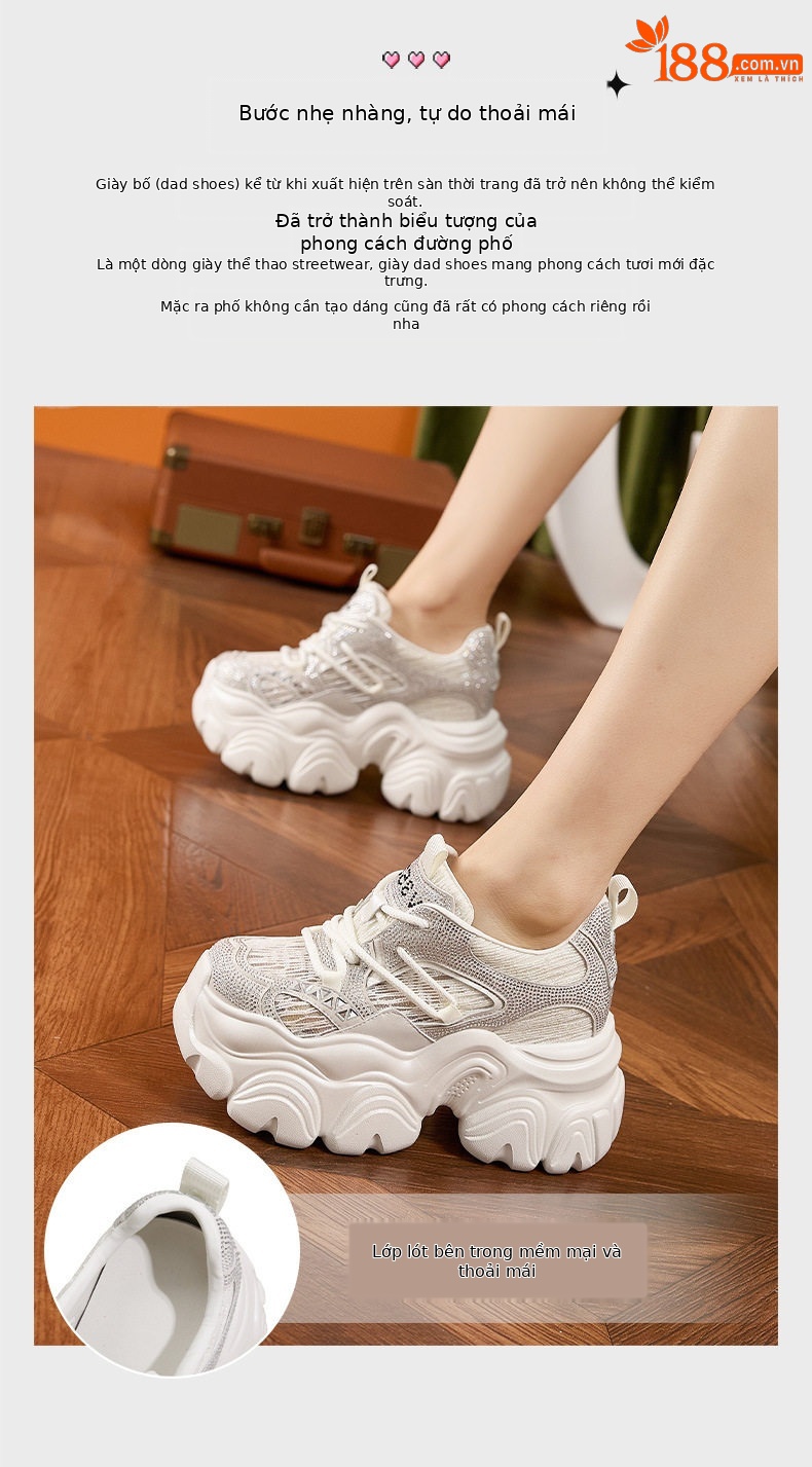 Giày sneaker nữ chunky đế dày lưới thoáng khí, tăng chiều cao, phong cách thể thao — Bạc, Trắng chi tiết 5