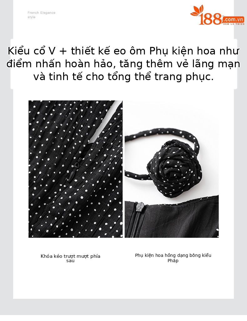 Váy dài chấm bi cổ chữ V kiểu Pháp tay áo lá sen thắt eo — Màu đen chi tiết 5