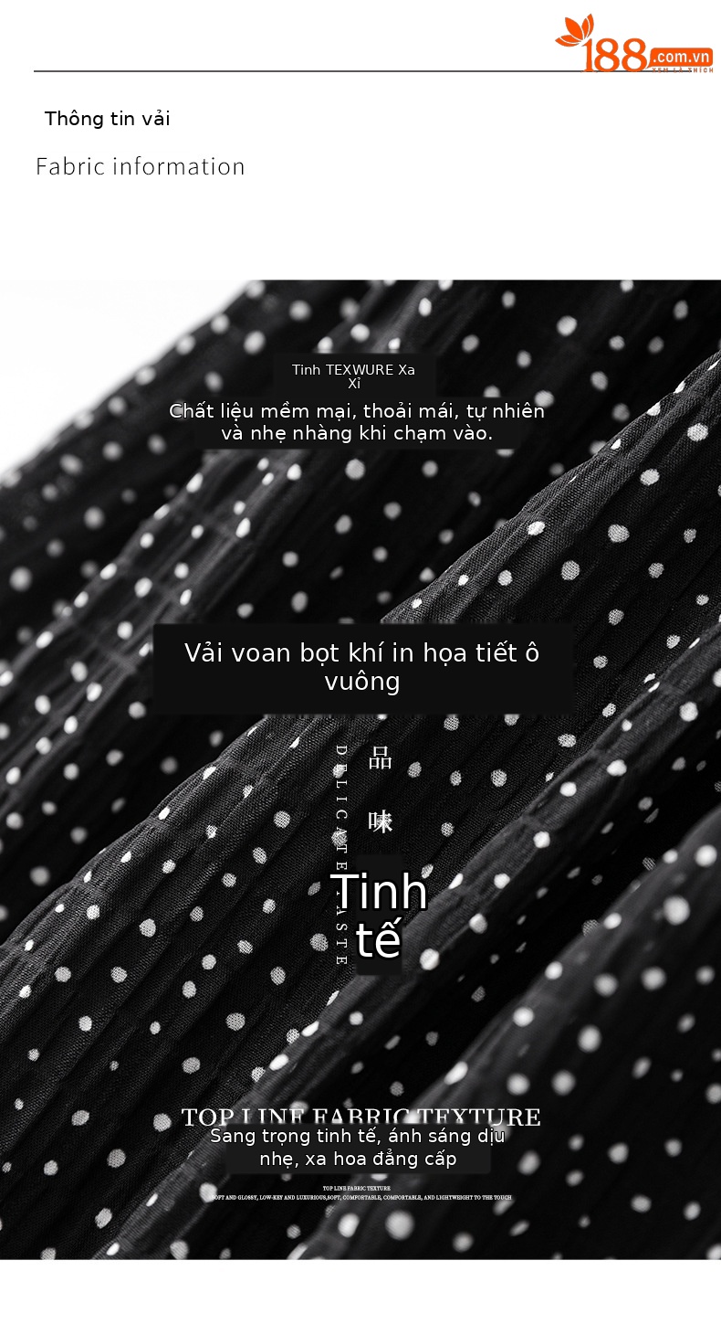 Váy dài chấm bi cổ chữ V kiểu Pháp tay áo lá sen thắt eo — Màu đen chi tiết 3