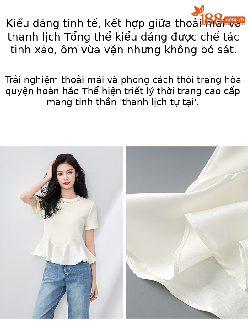 Áo thun nữ cổ tròn tay ngắn đính kim cương viền bèo nhún kiểu Pháp — Màu đen chi tiết 8