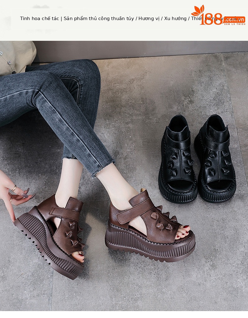Sandal cao gót nữ hở mũi đế dày da bò thật phong cách La Mã — nâu chi tiết 1
