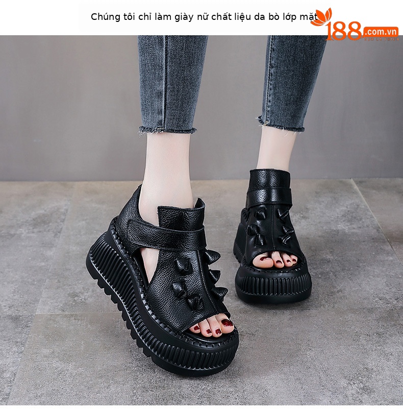 Sandal cao gót nữ hở mũi đế dày da bò thật phong cách La Mã — nâu chi tiết 2