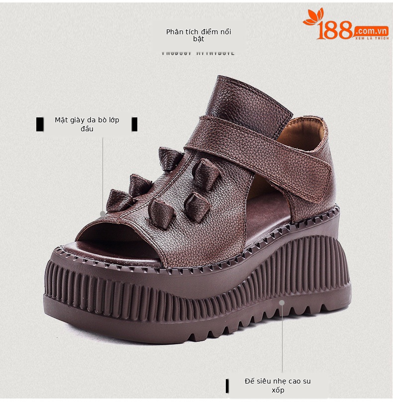 Sandal cao gót nữ hở mũi đế dày da bò thật phong cách La Mã — nâu chi tiết 3