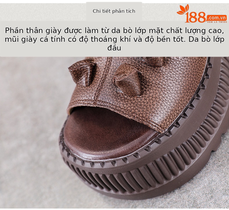 Sandal cao gót nữ hở mũi đế dày da bò thật phong cách La Mã — nâu chi tiết 4
