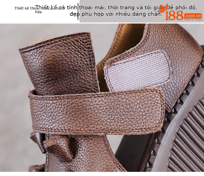 Sandal cao gót nữ hở mũi đế dày da bò thật phong cách La Mã — nâu chi tiết 5