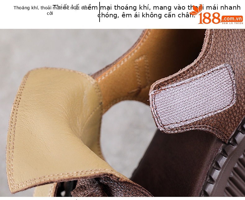 Sandal cao gót nữ hở mũi đế dày da bò thật phong cách La Mã — nâu chi tiết 6