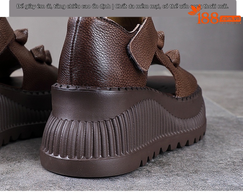 Sandal cao gót nữ hở mũi đế dày da bò thật phong cách La Mã — nâu chi tiết 8