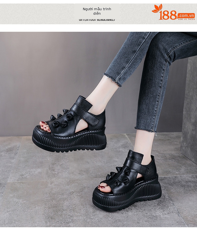 Sandal cao gót nữ hở mũi đế dày da bò thật phong cách La Mã — nâu chi tiết 9