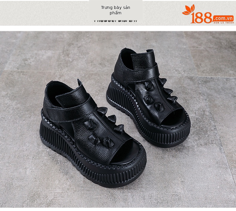 Sandal cao gót nữ hở mũi đế dày da bò thật phong cách La Mã — nâu chi tiết 10