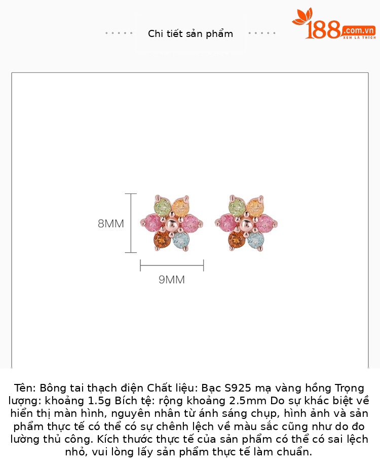 Bông tai bạc S925 mạ vàng hồng đính tourmaline hình hoa nhiều màu — Một cặp (màu sắc tourmaline là ngẫu nhiên) chi tiết 2