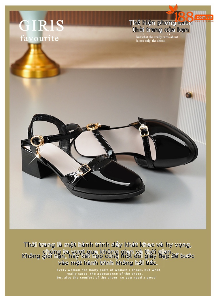 Sandal bít mũi nữ gót thô đi làm đế mềm da thật — Màu đen chi tiết 1