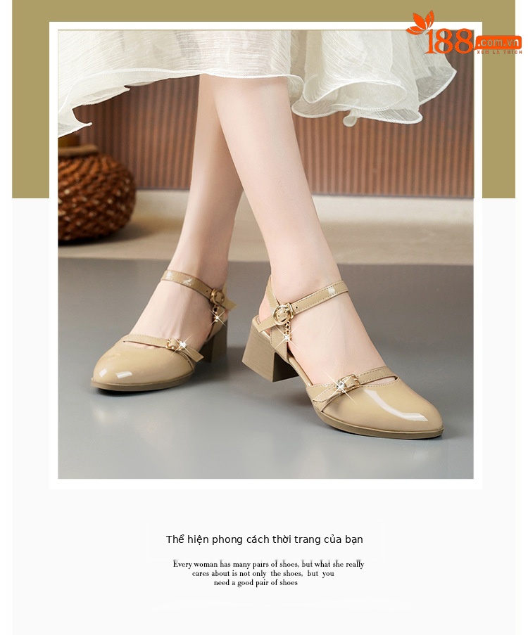 Sandal bít mũi nữ gót thô đi làm đế mềm da thật — Màu đen chi tiết 2