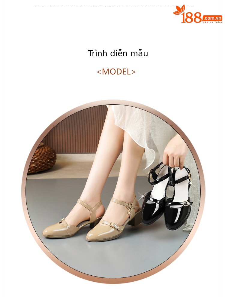 Sandal bít mũi nữ gót thô đi làm đế mềm da thật — Màu đen chi tiết 5