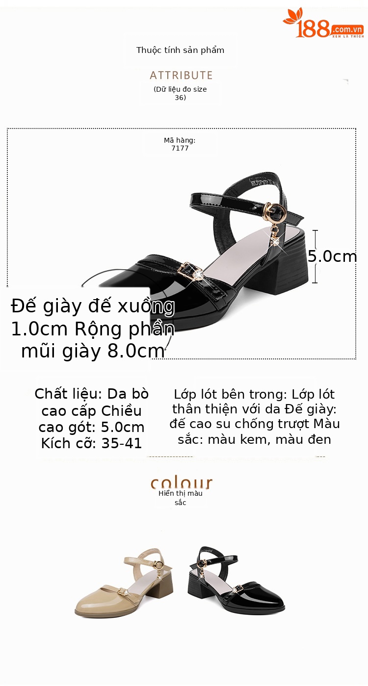 Sandal bít mũi nữ gót thô đi làm đế mềm da thật — Màu đen chi tiết 4