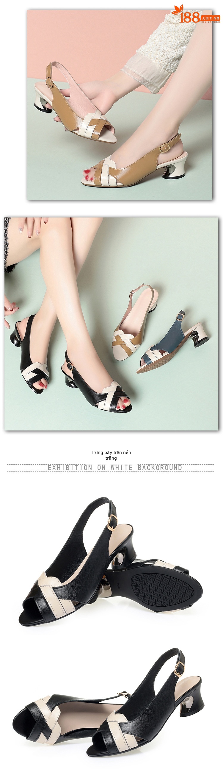 Sandal cao gót hở mũi da thật nữ gót vuông đế thô — Màu đen chi tiết 5