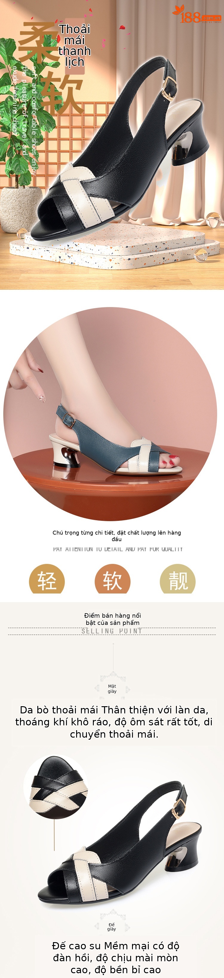 Sandal cao gót hở mũi da thật nữ gót vuông đế thô — Màu đen chi tiết 1